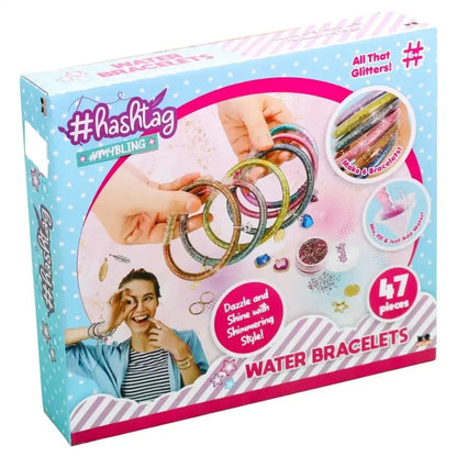 Water bracelets craft kit box with #hashtag branding and bundled glitter bracelet rings