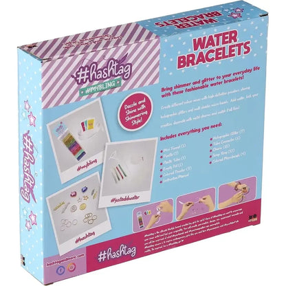 Water bracelets craft kit box with #hashtag design and included items panel