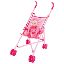 Pink doll stroller trolley with seated doll in pink outfit, four-wheel view