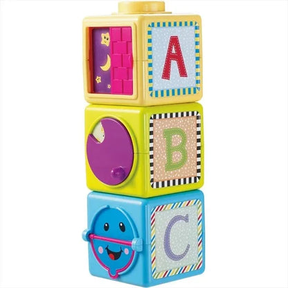 Stacking building blocks with letter cubes A, B, C and smiling face, purple and blue