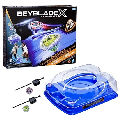 BEYBLADE X Drop Attack battle set box with blue launcher and beyblades