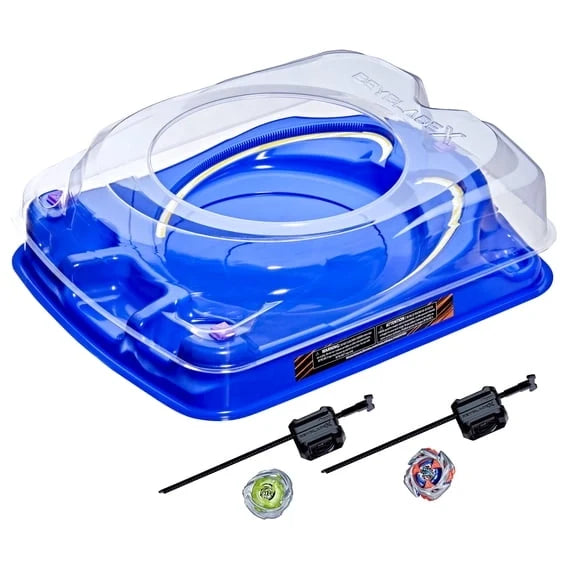 Blue and clear drop-attack launcher with beyblades and black launcher rods