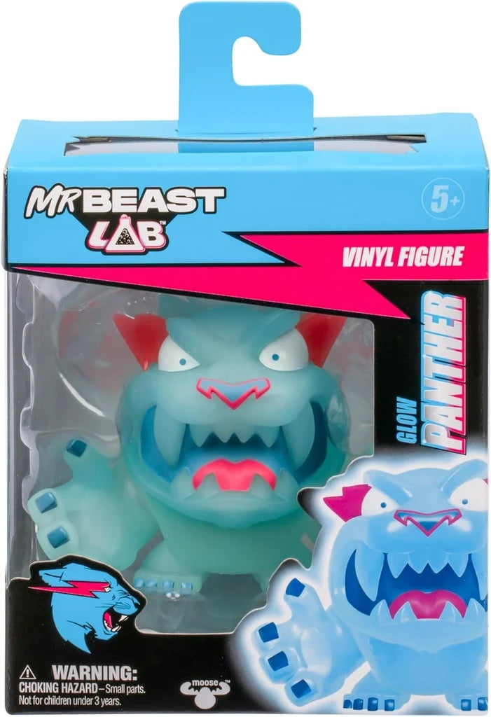 Mr Beast Lab vinyl figure box with glow panther artwork and 5+ age label