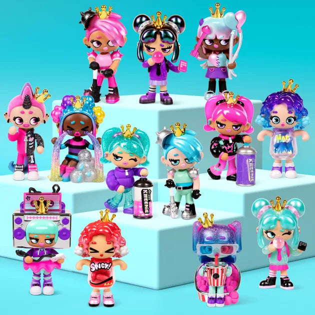 Group of mystery fearless dolls with crowns in pink, teal, and blue outfits, standing