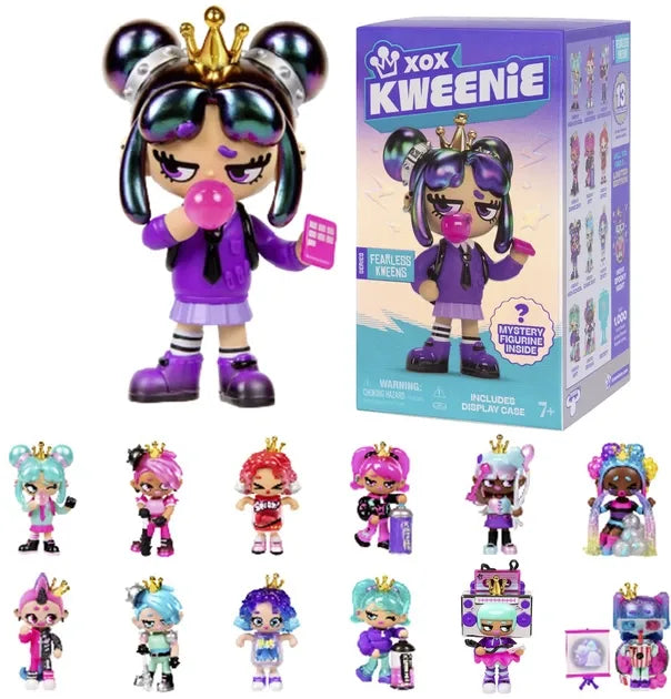 Fearless mystery doll, purple and black outfit with crown, pink handheld accessory