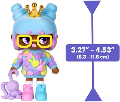 Blue character doll with gold crown, oversized glasses, multicolor glitter outfit