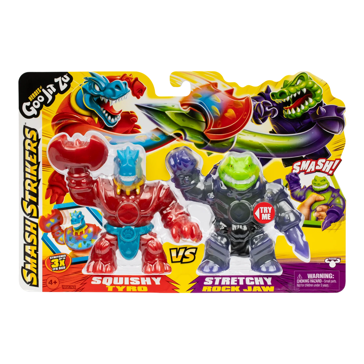 Boxed squishy vs stretchy monster toy set with red, blue, and green figures