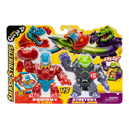 Boxed squishy vs stretchy monster toy set with red, blue, and green figures