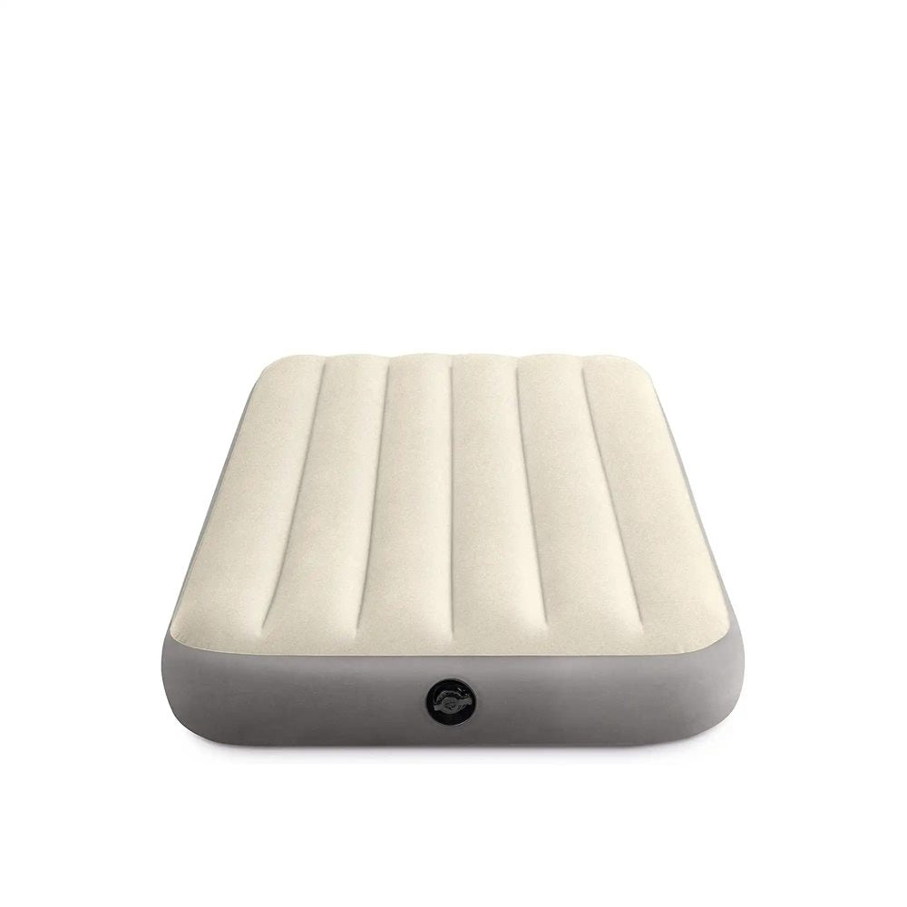 Twin airbed with cream top and gray base, centered circular valve