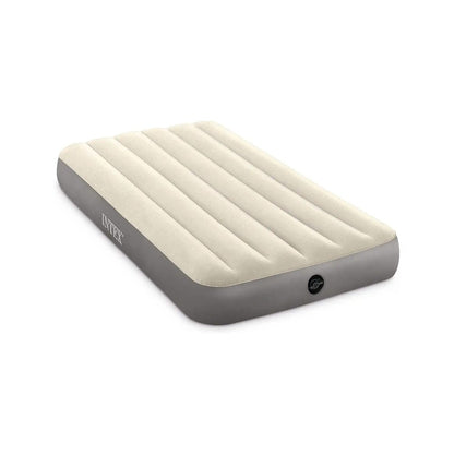 Intex twin airbed with cream top and gray sides, circular valve on the side