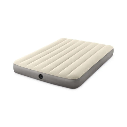 Single airbed with ribbed beige top, gray sides, valve detail on side corner