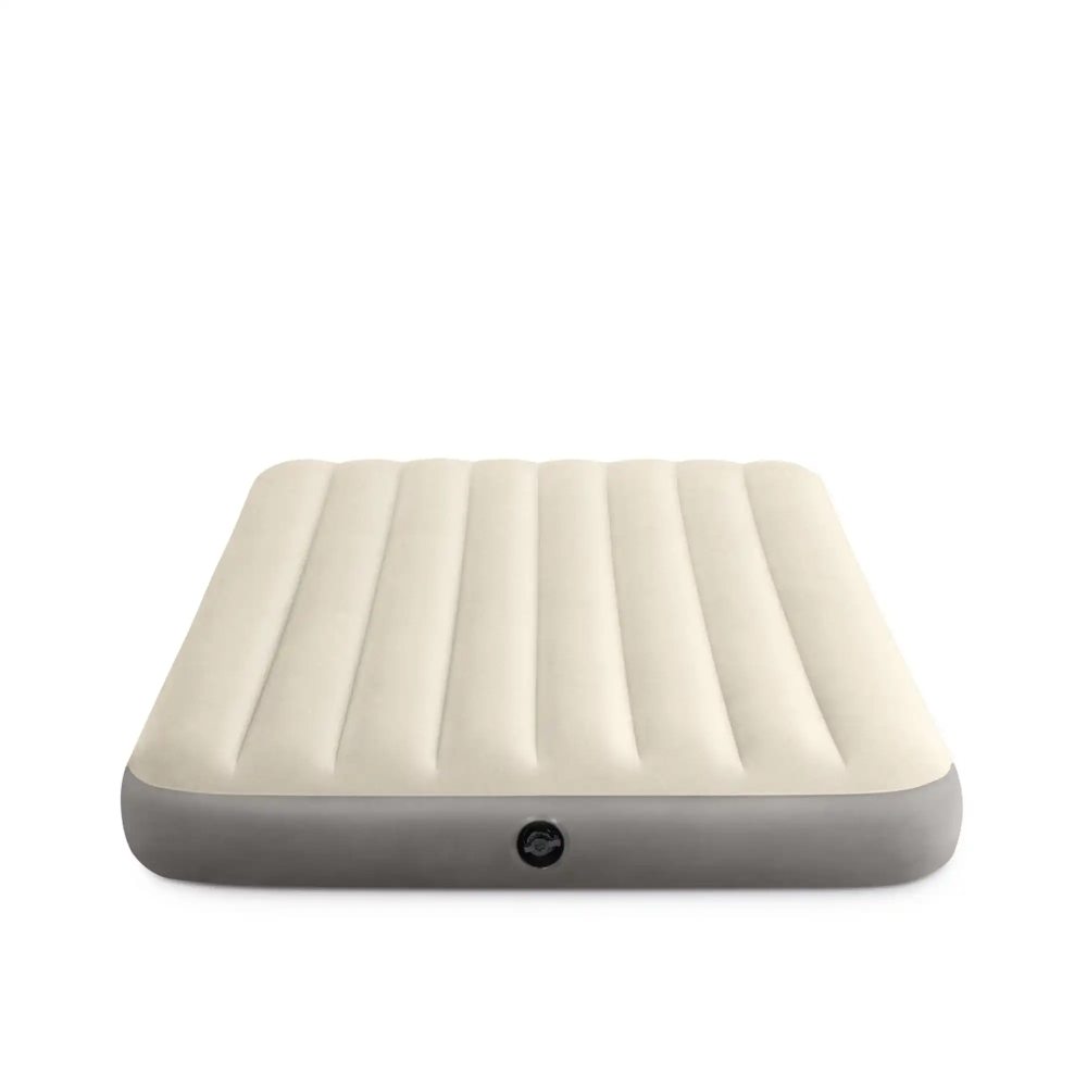 Single airbed with raised ribbed beige top and gray base, valve centered on side