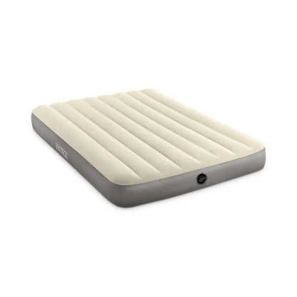Single airbed with ribbed beige top, gray sides, round valve on side