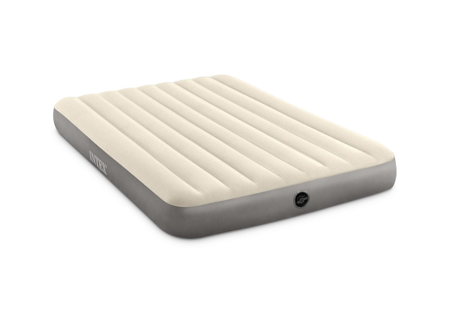 Single-high airbed, cream striped surface, dark gray sides and corner view of valve