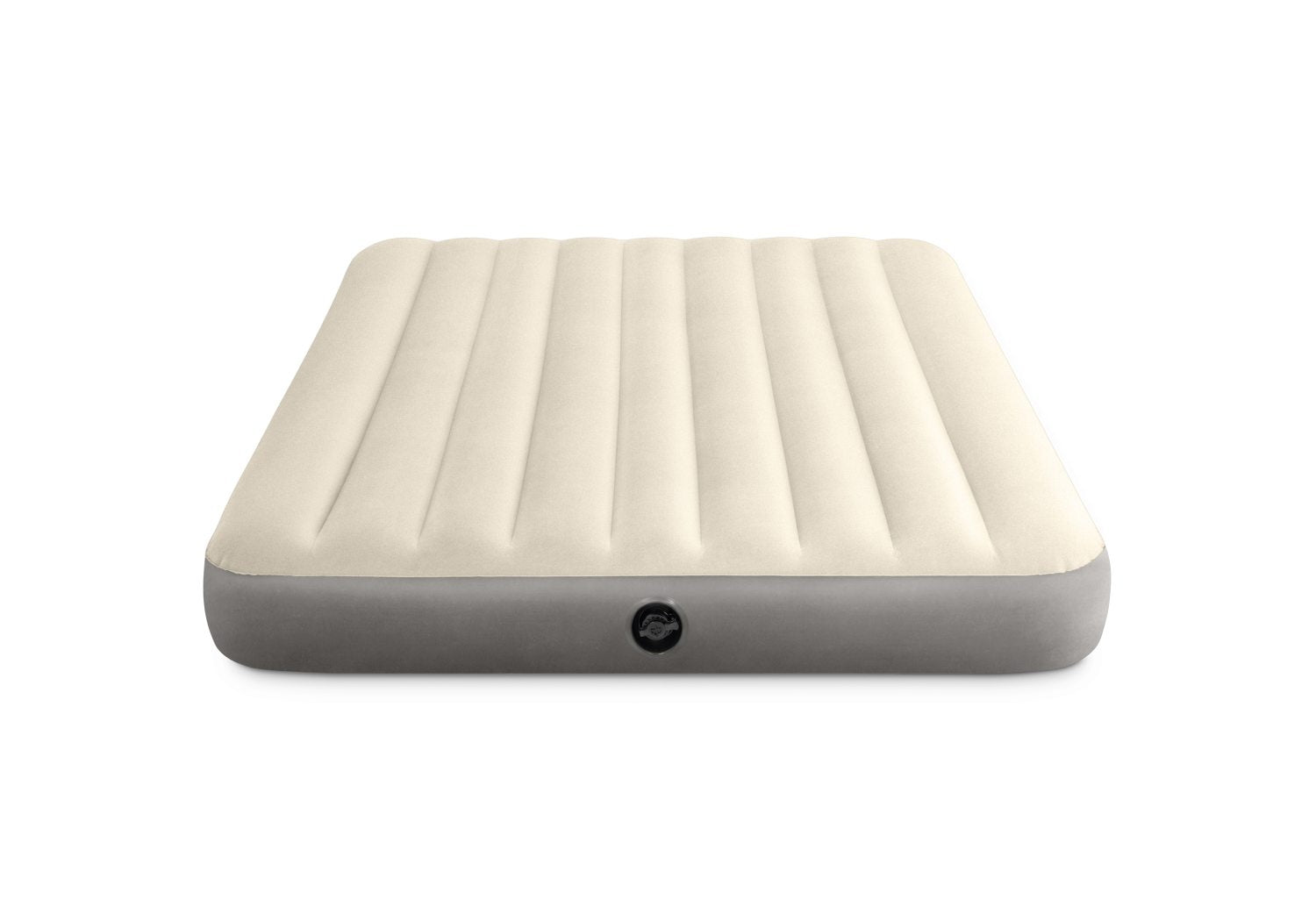 Single-high airbed, cream top with vertical channels and dark gray sides, round valve