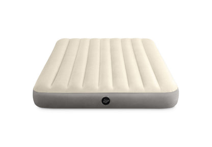 Single-high airbed, cream top with vertical channels and dark gray sides, round valve
