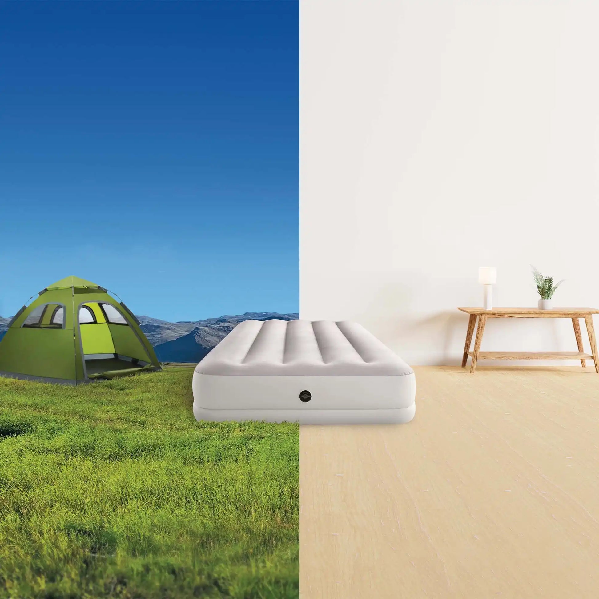 White twin air mattress with ribbed head section and built-in valve