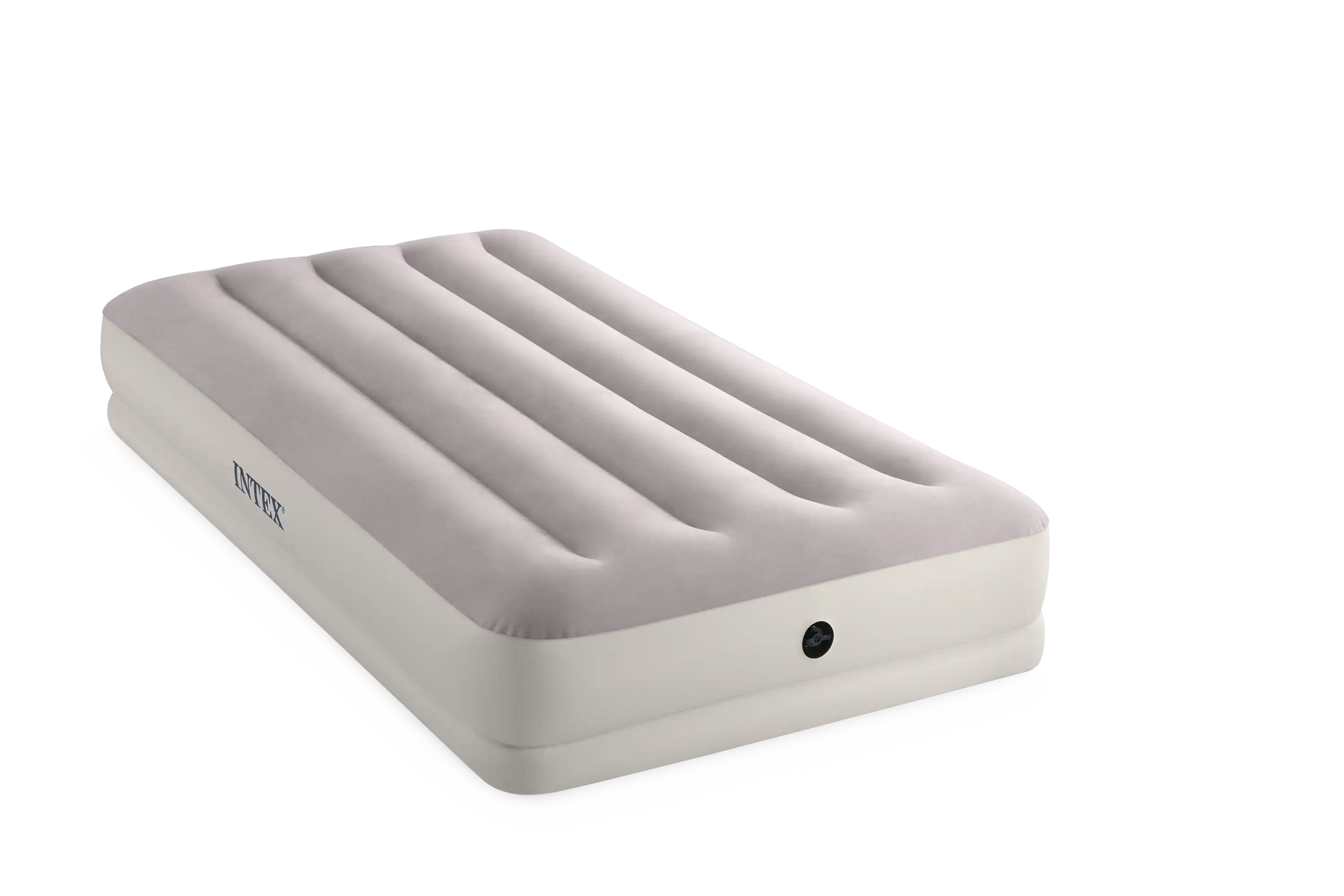 Twin air mattress with gray ribbed top and built-in valve