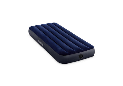 Twin inflatable airbed in dark navy blue with ribbed top and circular valve on side
