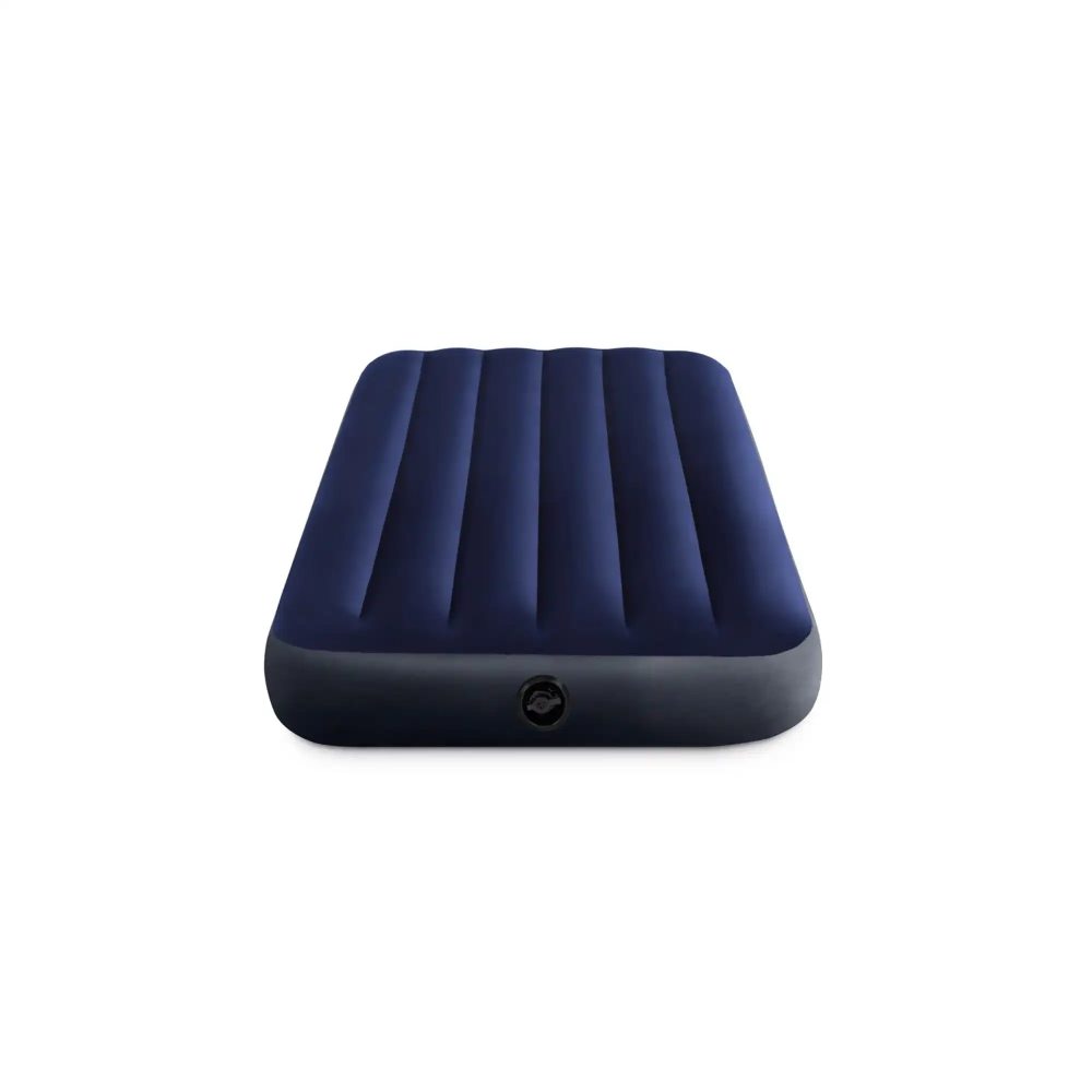 Twin inflatable airbed with quilted navy top, dark base, central valve