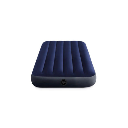 Twin inflatable airbed with quilted navy top, dark base, central valve