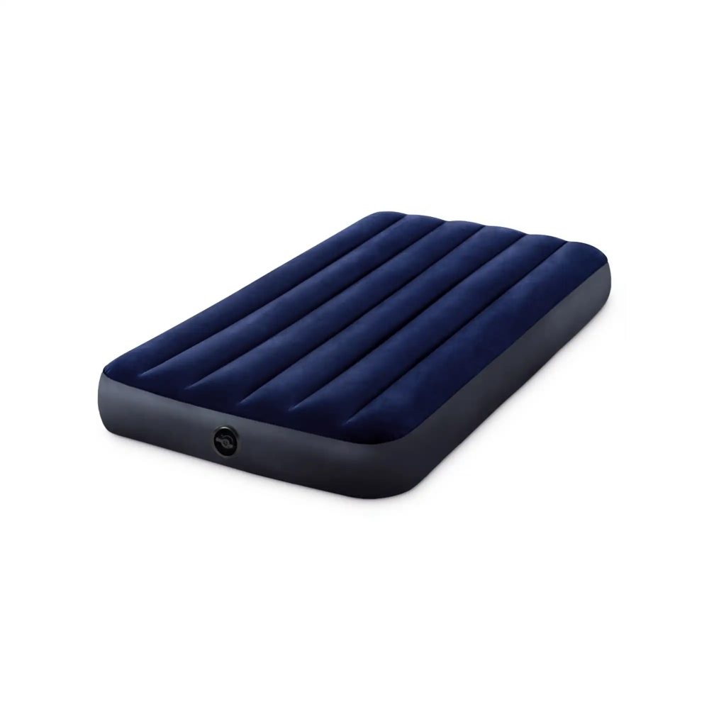 Twin inflatable airbed with quilted navy surface, dark gray sides, corner valve