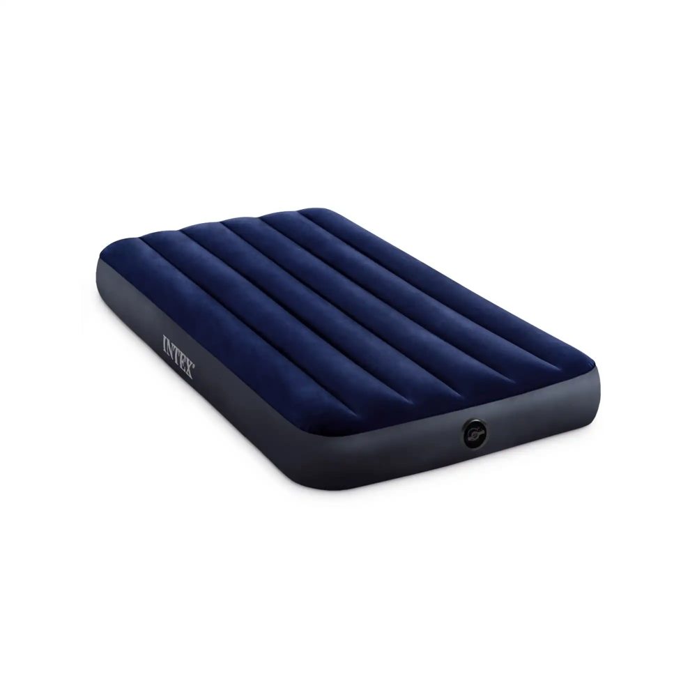 Twin inflatable airbed with quilted navy top, dark gray sides, Intex logo