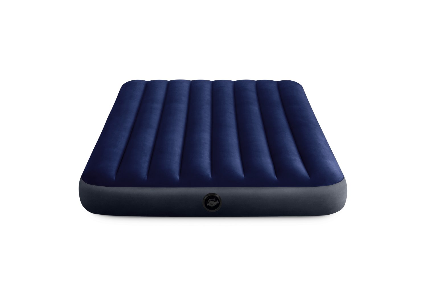 Dark blue airbed with ribbed top and round valve on the side
