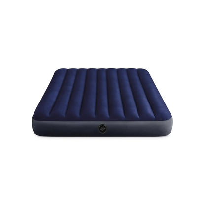 Queen airbed dark blue with vertical baffles on top and round inflation valve