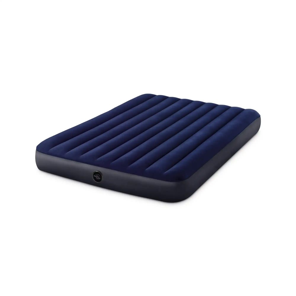 Queen airbed dark blue with raised channels and side profile, including inflation valve