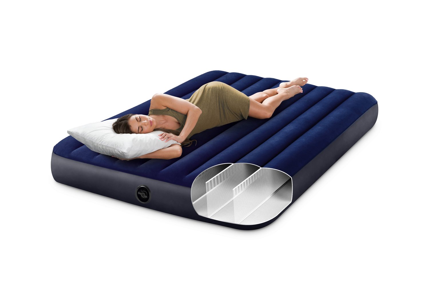 Queen airbed dark blue with quilted top, shown with people lying on it