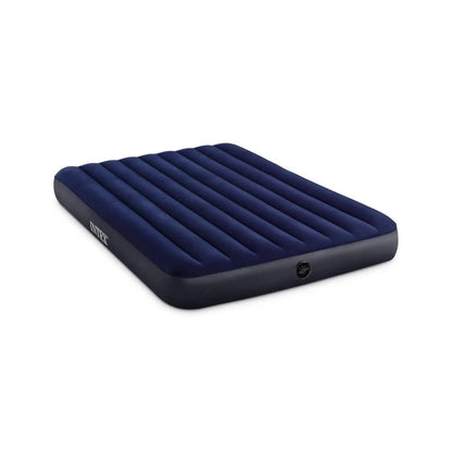 Queen airbed in dark blue with quilted channels and round inflation valve