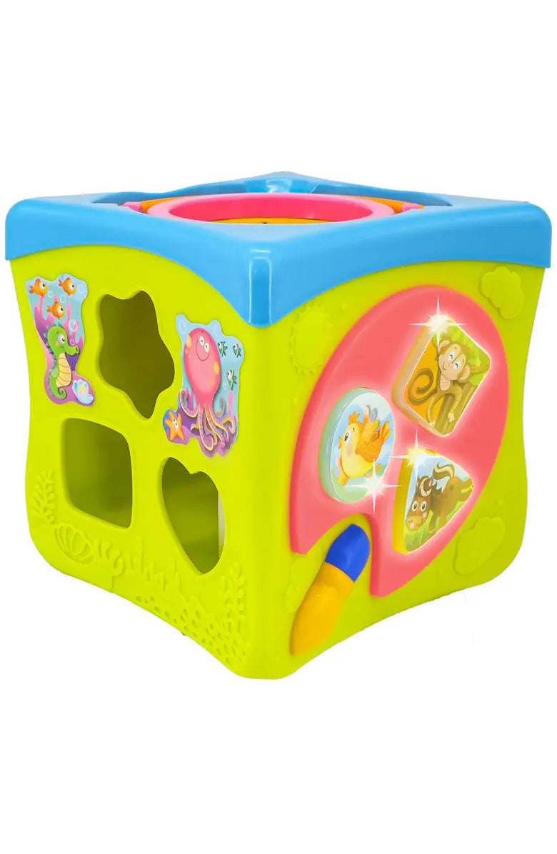 Blue and green activity cube toy with animal cutouts and glowing circular button