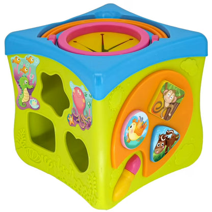 Blue and green activity cube toy with animal panels and circular music dial