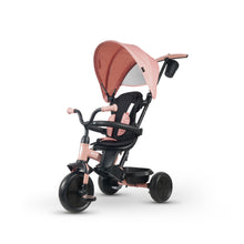 Pink 3-wheel tricycle stroller with canopy, padded seat, and black handlebar