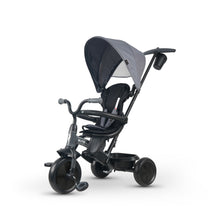 Gray and black three-wheel tricycle stroller with canopy, seat, and front handle