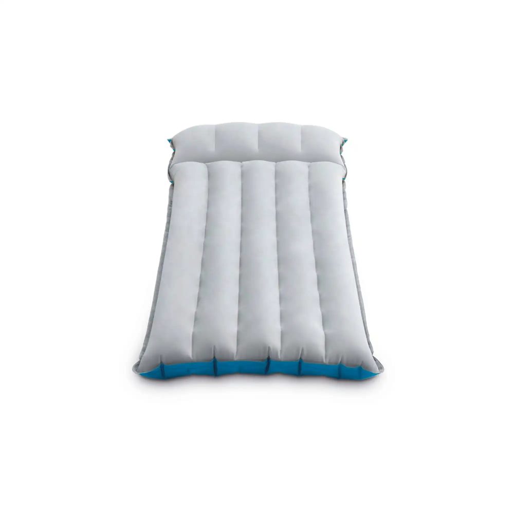 Inflatable camping mat, light gray with vertical baffles and blue base trim