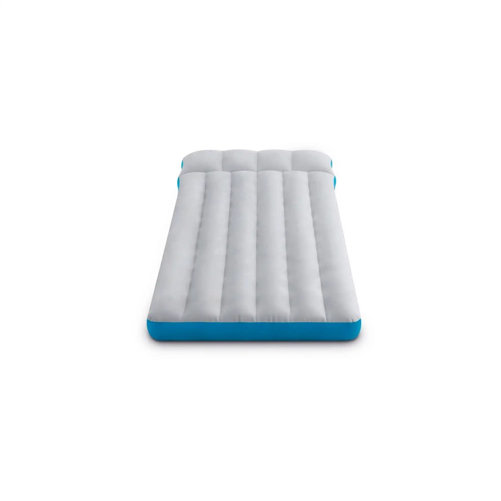 Gray camping mat with blue trim, raised quilted ridges