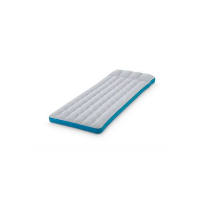 Gray camping mat with blue edge, quilted rectangular surface