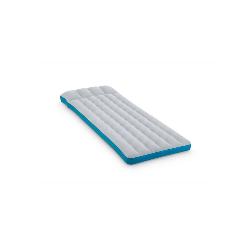 Gray camping mat with blue border, quilted air chambers