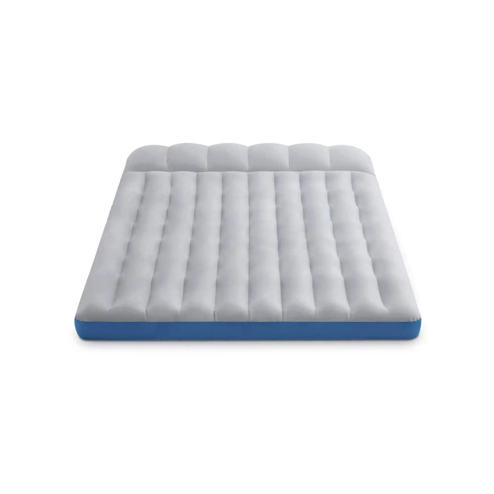 Gray/white camping air mattress pad with raised channel cushions and blue base