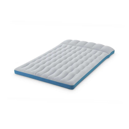 Gray camping air mattress pad with blue-trim border and quilted surface