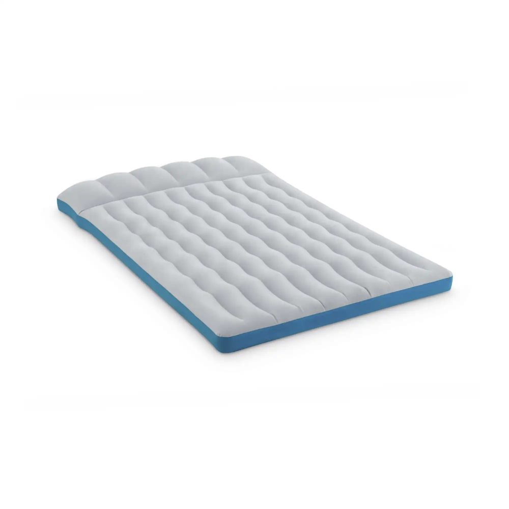 Gray camping air mattress pad with blue edges and quilted channels