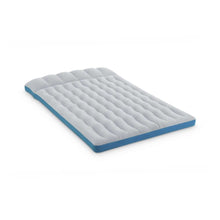 Gray camping air mattress pad with blue edges and quilted channels