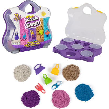 Kinetic Sand variety playset: open case with 5 sand mounds and colorful tools