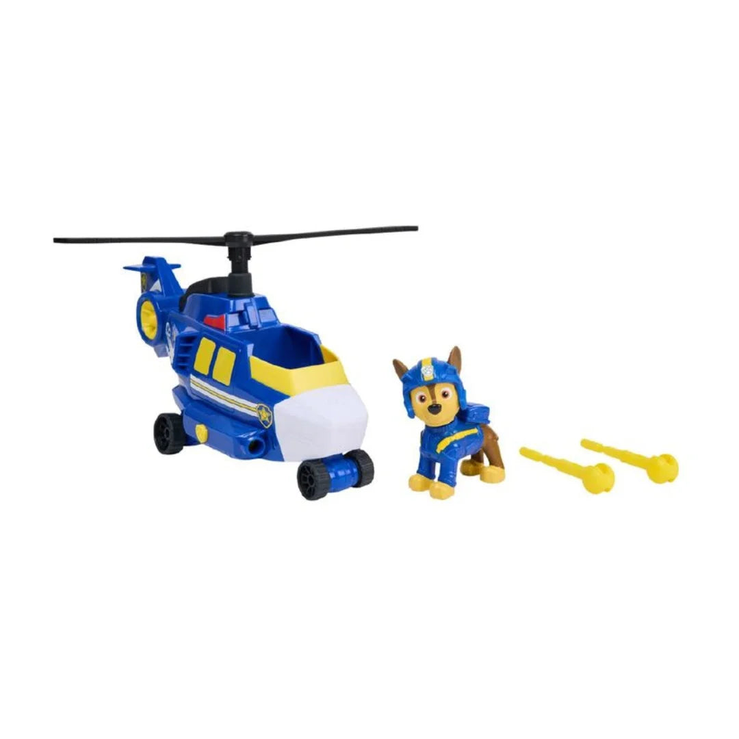 Blue and yellow air rescue helicopter toy with dog figure and accessories