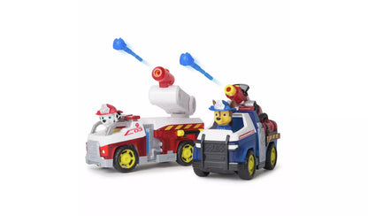 2-pack fire rescue toy vehicles: red and blue trucks with water cannons and characters