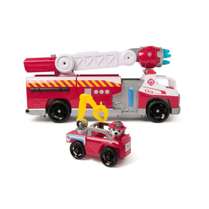 Red and white Paw Patrol fire truck toy with ladder and small rescue vehicle