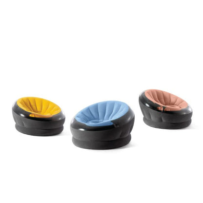 Round beanbag chair set with dark gray outer and yellow, blue, pink inner cushions