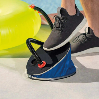 Bellows foot pump with blue base near a yellow ball inflation hose